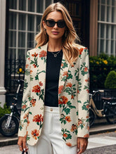 Aurohaya Floral Printed Blazer for Women V-Cut Long Sleeve Vintage Casual Polyester Jacket
